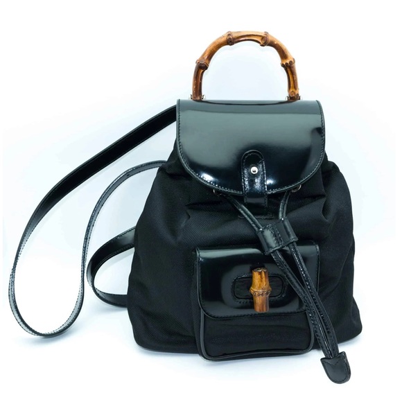 Gucci Handbags - Gucci Vintage Black Nylon Bamboo Handle Backpack and Drawstring